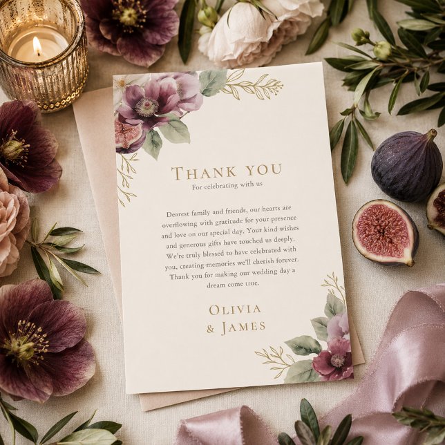 Tarjeta de agradecimiento de boda botánica de ciru (Plum & Olive Botanical Wedding Thank You Card)