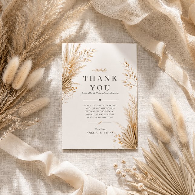 Tarjeta de agradecimiento de boda botánica de Pamp (Elegant Neutral Pampas Thank You Card with soft boho botanical charm.)