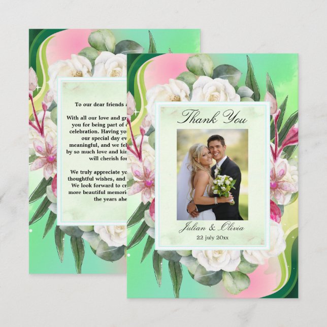 Tarjeta de agradecimiento de boda botánica verde m (Anverso / Reverso)
