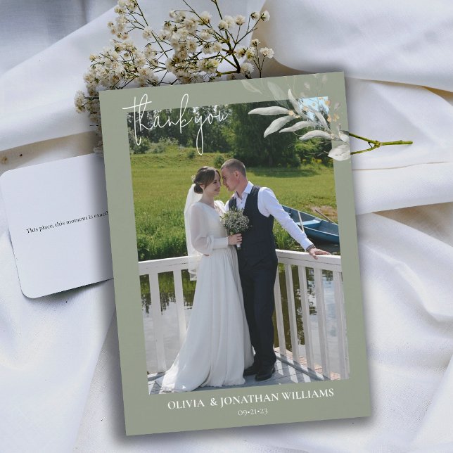 Tarjeta de agradecimiento de Boda botánico elegant (sage green photo wedding thank you card)