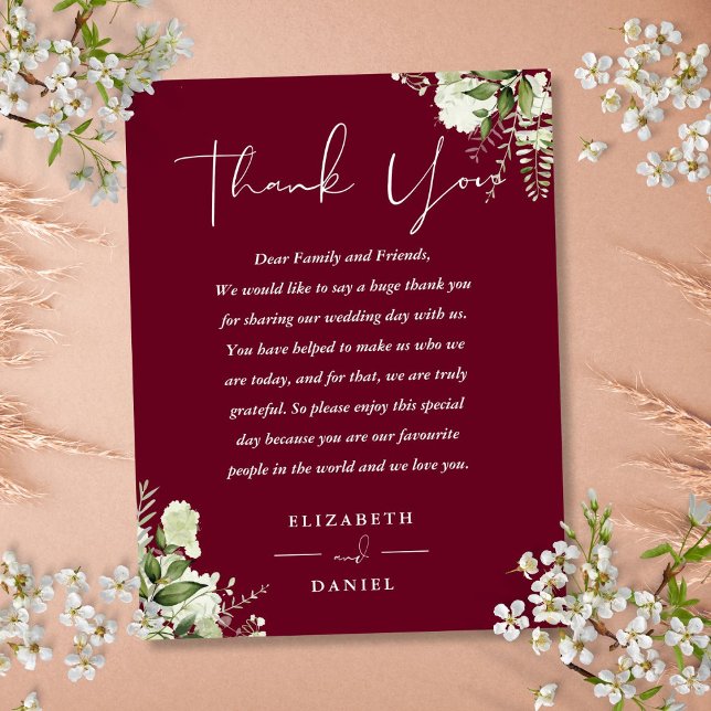 Tarjeta de agradecimiento de boda Burgundy Greener (Burgundy Greenery Thank You Wedding Place Card)