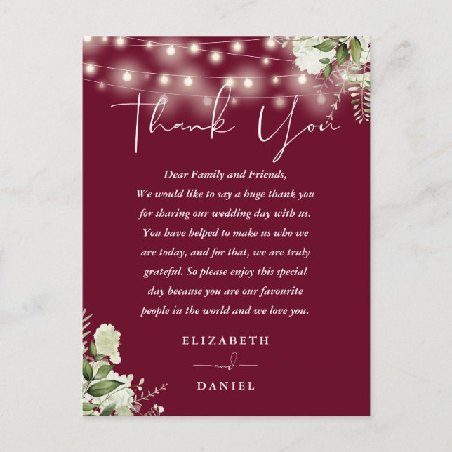 Tarjeta de agradecimiento de boda Burgundy Greener (Anverso)