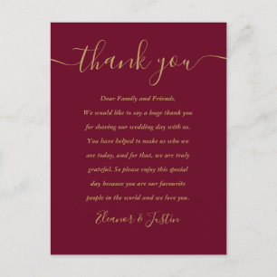 Tarjeta de agradecimiento de boda Burgundy y oro