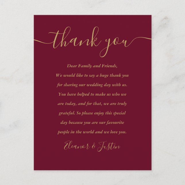 Tarjeta de agradecimiento de boda Burgundy y oro (Anverso)