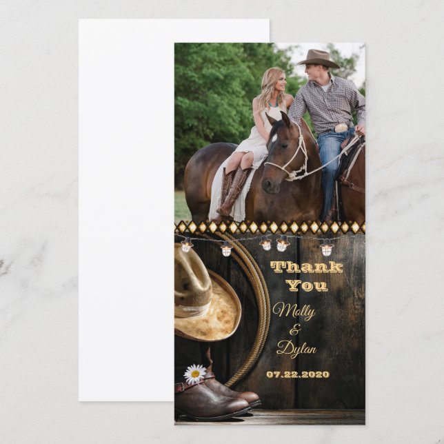 Tarjeta de agradecimiento de boda con botas de cam (Anverso / Reverso)