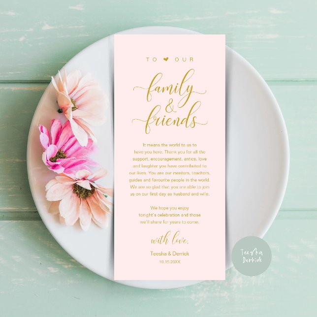 Tarjeta de agradecimiento de boda con caligrafía e (Elegant Calligraphy Wedding Dinner Bridal Shower Thank You Table Card in Blush Gold)