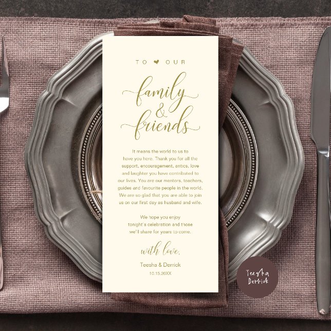 Tarjeta de agradecimiento de boda con caligrafía e (Elegant Calligraphy Wedding Dinner Bridal Shower Thank You Table Card in yellow Gold Cream)
