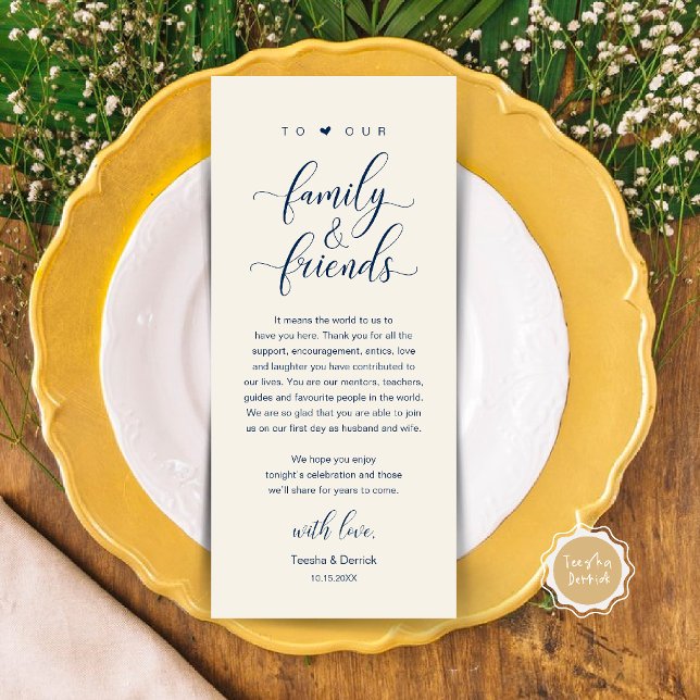 Tarjeta de agradecimiento de boda con caligrafía e (Elegant Calligraphy Wedding Dinner Bridal Shower Thank You Table Card in navy Blue and Ivory)