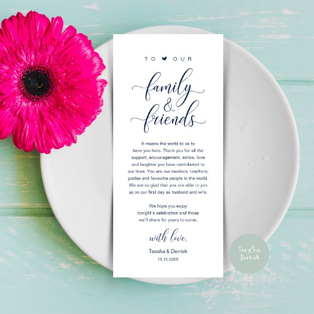Tarjeta de agradecimiento de boda con caligrafía e (Elegant Calligraphy Wedding Dinner Bridal Shower Thank You Table Card in Navy Blue)