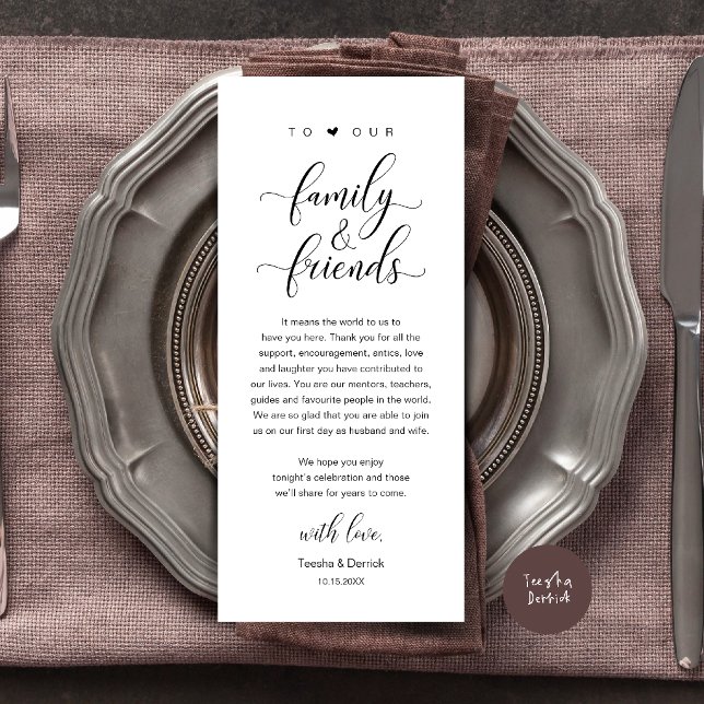 Tarjeta de agradecimiento de boda con caligrafía e (Elegant Calligraphy Wedding Dinner Bridal Shower Thank You Table Card in Black and White)
