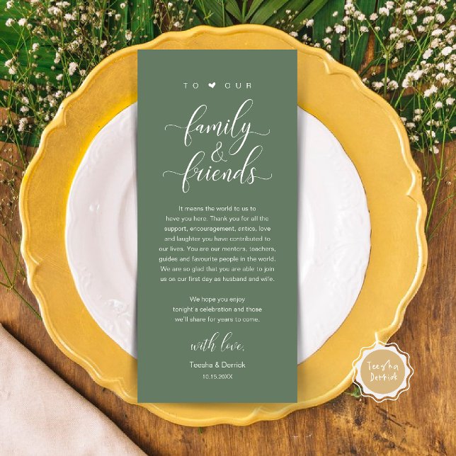 Tarjeta de agradecimiento de boda con caligrafía e (Elegant Calligraphy Wedding Dinner Bridal Shower Thank You Table Card in Sage Green)