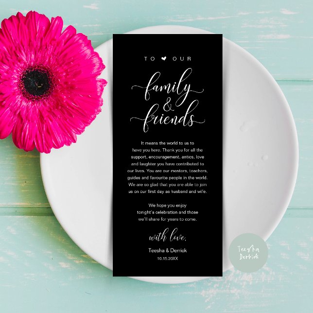 Tarjeta de agradecimiento de boda con caligrafía e (Elegant Calligraphy Wedding Dinner Bridal Shower Thank You Table Card in Classy Black)