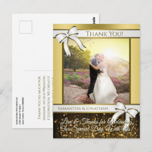 Tarjeta de agradecimiento de boda con cinta de oro