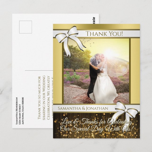 Tarjeta de agradecimiento de boda con cinta de oro (Anverso / Reverso)