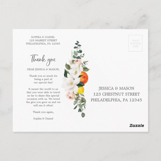 Tarjeta de agradecimiento de boda con cítricos y m (Reverso)