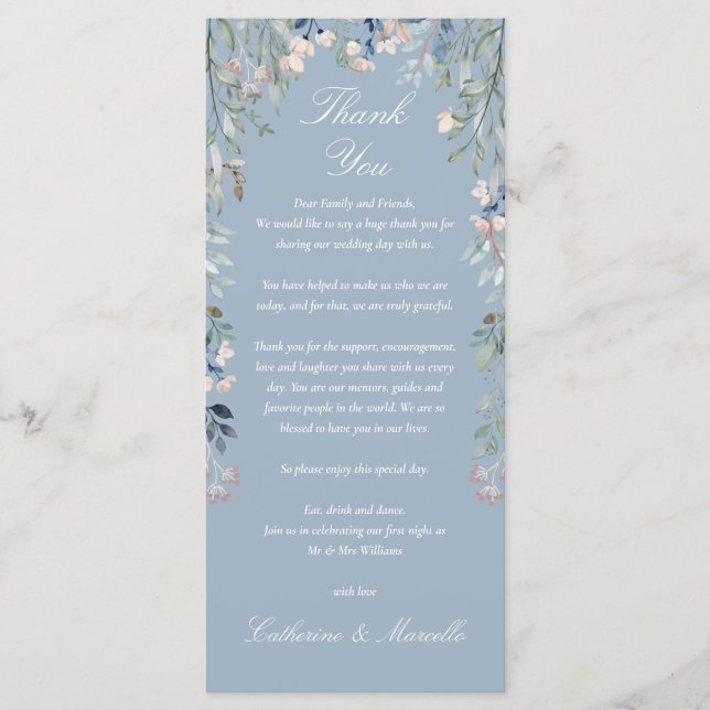 Tarjeta de agradecimiento de boda con flores azul  (Anverso)