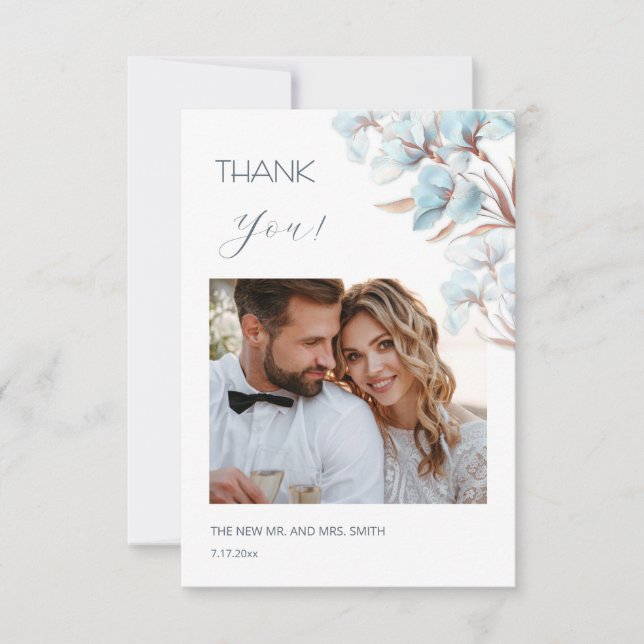 Tarjeta de agradecimiento de boda con flores azule (Anverso)