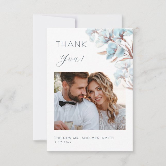 Tarjeta de agradecimiento de boda con flores azule (Anverso)