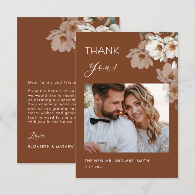 Tarjeta de agradecimiento de boda con flores de ma (Anverso / Reverso)