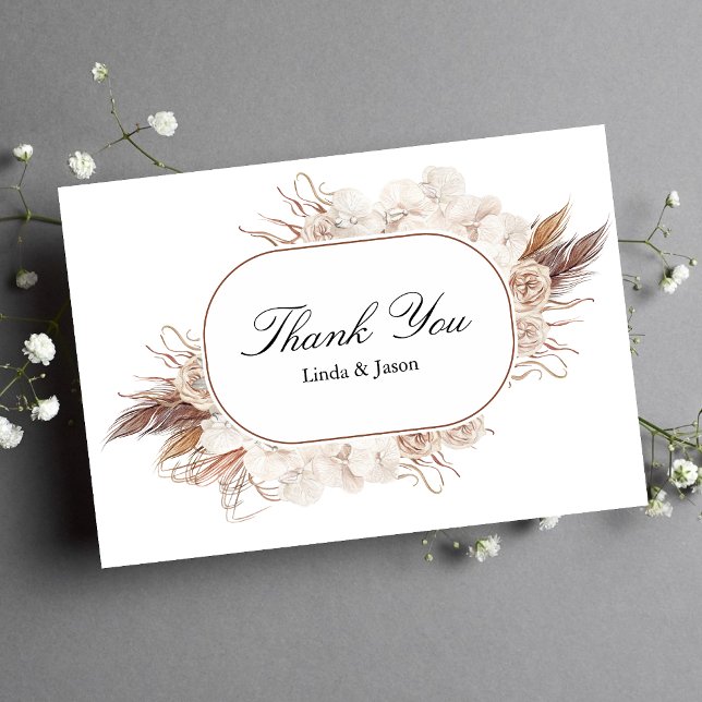 Tarjeta de agradecimiento de boda con flores de ot (Boho fall flowers thank you card adds warm gratitude and seasonal charm to wedding thanks.)