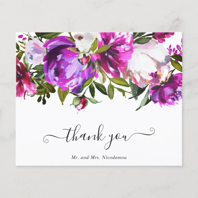 Tarjeta de agradecimiento de boda con flores morad (Anverso)