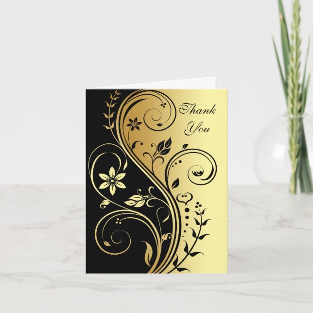 Tarjeta de agradecimiento de boda con flores negra (Anverso)