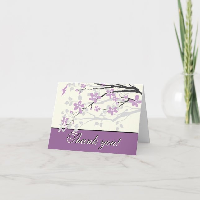 Tarjeta de agradecimiento de boda con flores púrpu (Anverso)