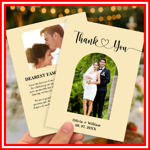 Tarjeta de agradecimiento de boda con foto amarill