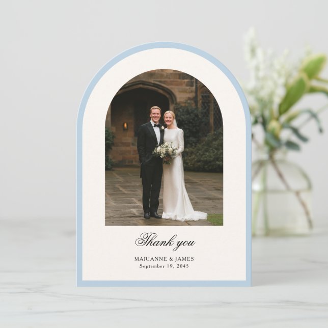 Tarjeta de agradecimiento de boda con foto de arco (Anverso de pie)