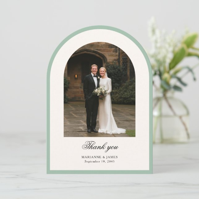 Tarjeta de agradecimiento de boda con foto de arco (Anverso de pie)