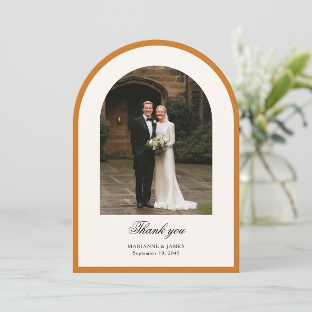 Tarjeta de agradecimiento de boda con foto de arco (Anverso de pie)