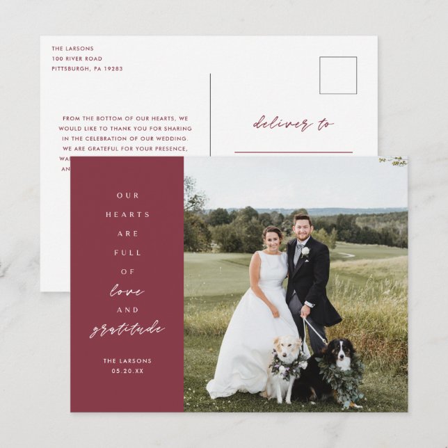 Tarjeta de agradecimiento de boda con foto de cora (Anverso / Reverso)