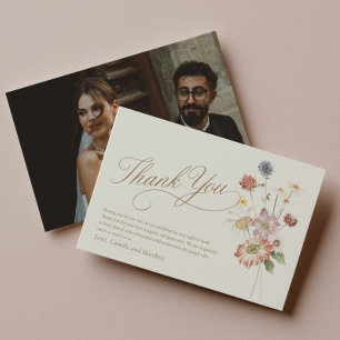 Tarjeta de agradecimiento de boda con foto de flor
