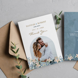 Tarjeta de agradecimiento de boda con foto de flor
