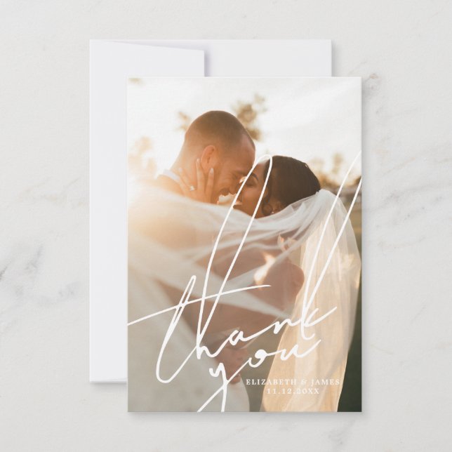 Tarjeta de agradecimiento de boda con foto de guió (Anverso)