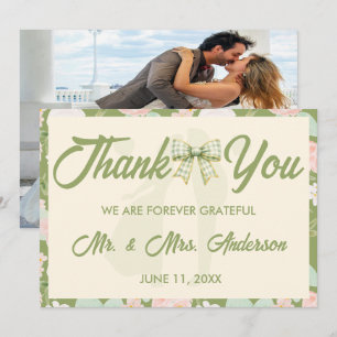 Tarjeta de agradecimiento de boda con foto de lazo