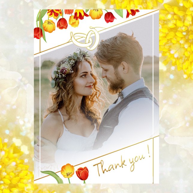 Tarjeta de agradecimiento de boda con foto de tuli (Tulip Gold Foil Wedding Photo Thank You Card)