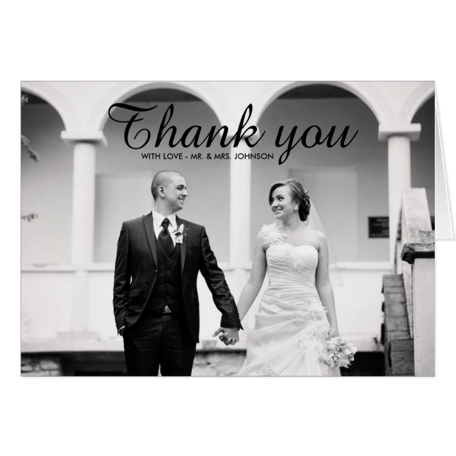 Tarjeta de agradecimiento de boda con foto en blan (Anverso (Horizontal))
