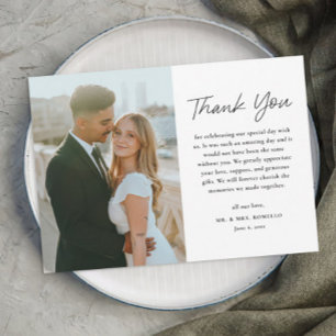 Tarjeta de agradecimiento de boda con foto en blan