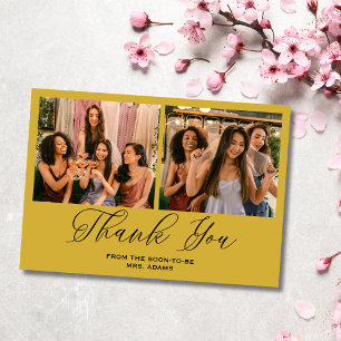 Tarjeta de agradecimiento de boda con foto en oro
