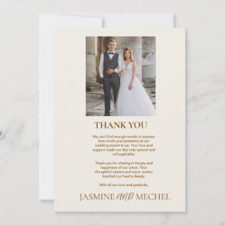 Tarjeta de agradecimiento de boda con foto en oro
