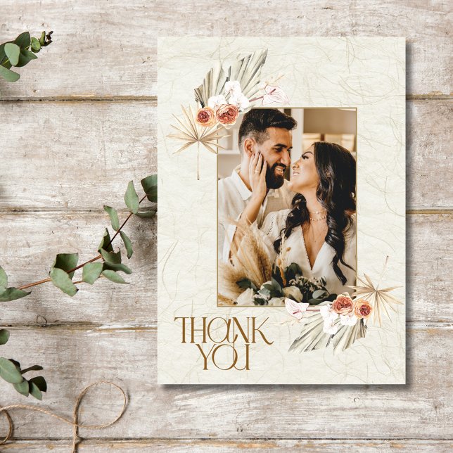 Tarjeta de agradecimiento de boda con foto floral  (Boho Floral Photo Wedding Thank You Card)