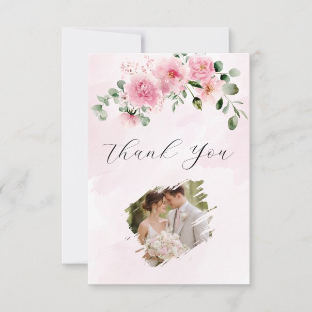 Tarjeta de agradecimiento de boda con foto floral  (Anverso)