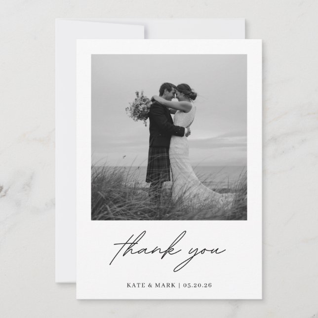 Tarjeta de agradecimiento de boda con foto minimal (Anverso)