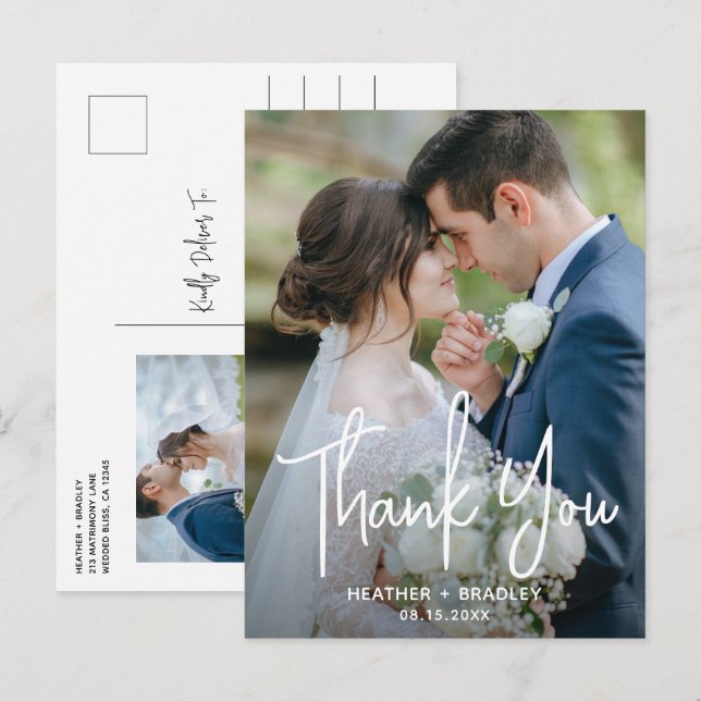 Tarjeta de agradecimiento de boda con foto minimal (Anverso / Reverso)