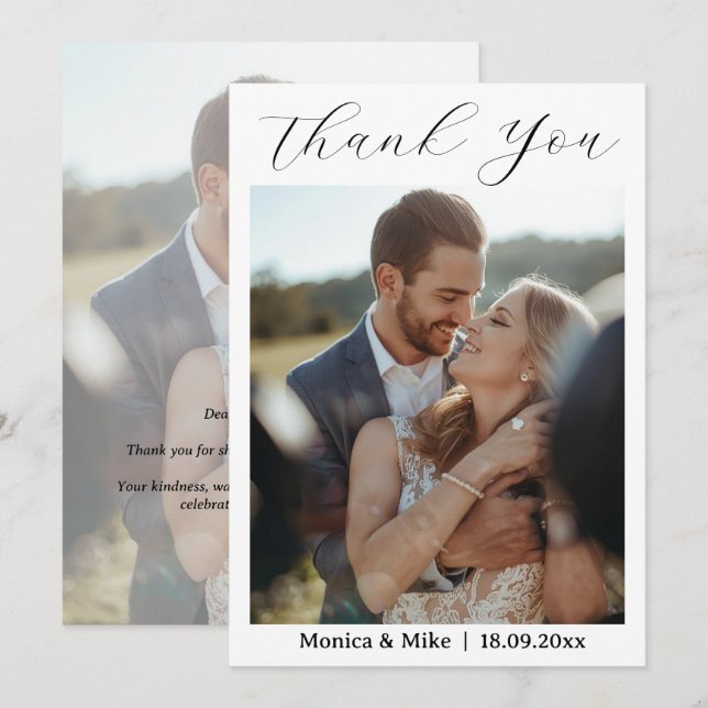 Tarjeta de agradecimiento de boda con foto simple  (Anverso / Reverso)