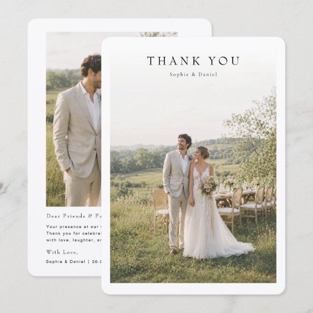 Tarjeta de agradecimiento de boda con foto simple  (Anverso / Reverso)