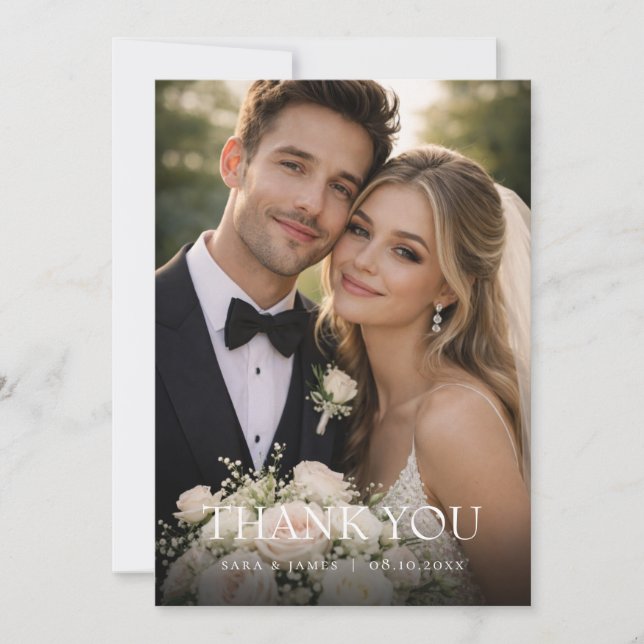 Tarjeta de agradecimiento de boda con foto simple  (Anverso)