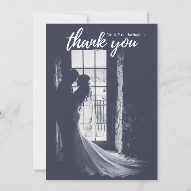 Tarjeta de agradecimiento de boda con foto. Tipogr (Anverso)
