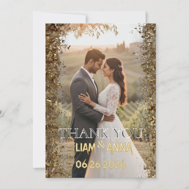 Tarjeta de agradecimiento de boda con foto y brill (Anverso)